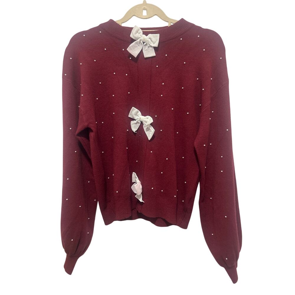 Red Maroon Bow Pearl Balloon Sleeves Christmas Sweater Large NWOT *Tiny Flaw